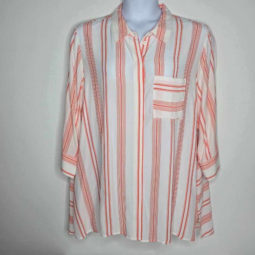 Soft Surroundings Womens Top Blouse 2X Orange Stripes Button Down Long Sleeve